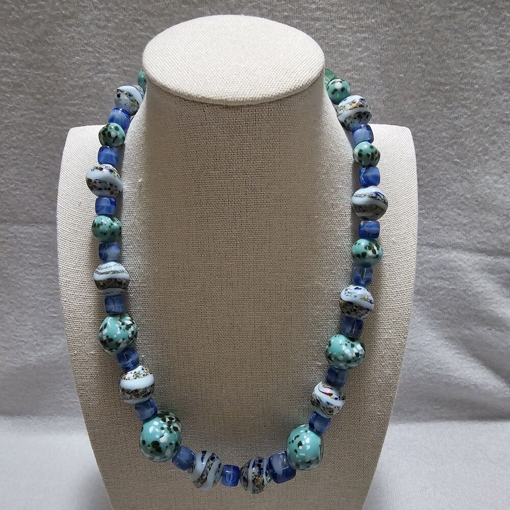 Vintage Italian Style Lampwork Glass Bead Necklace 9" Blue Speckled Art Glass